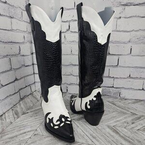 Azalia Wang Black White Croc Print Western Boots Stylish Coastal Cowboy Chic